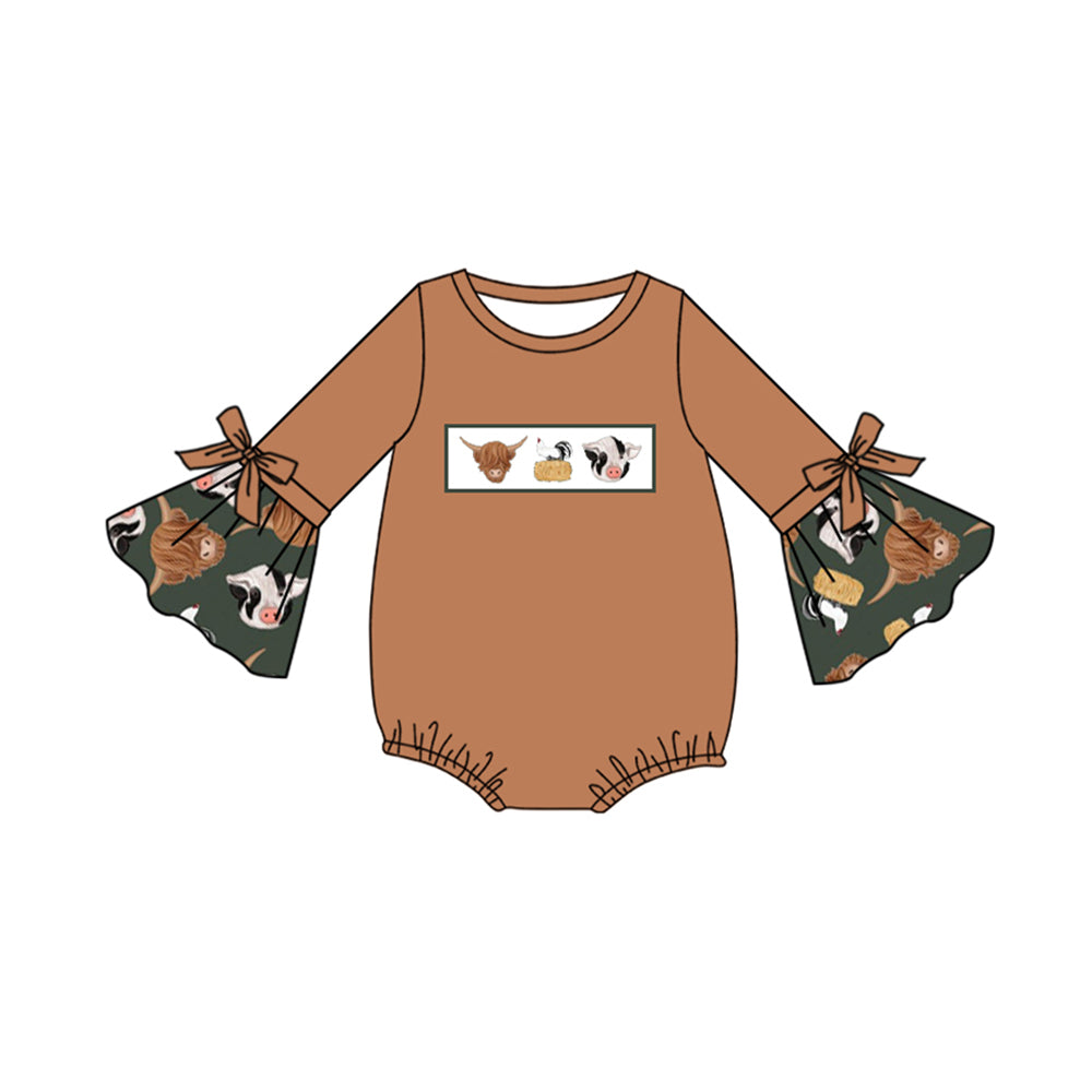 preorder LR1887 farm highland cow chick cow brown long sleeve girls romper