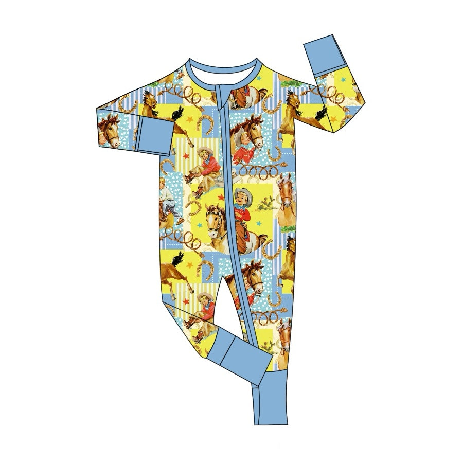 preorder LR1889 Western rodeo horse yellow blue long sleeve zipper boys romper