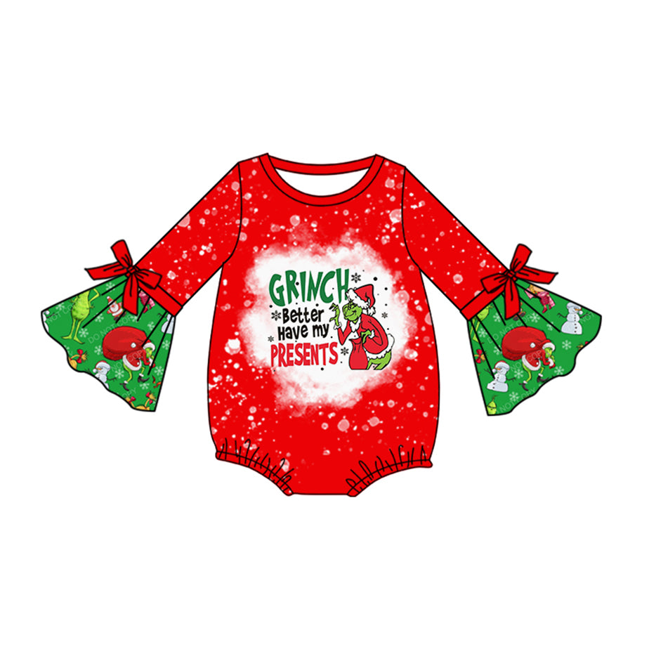 preorder LR1893 Christmas green face red long sleeve girls romper