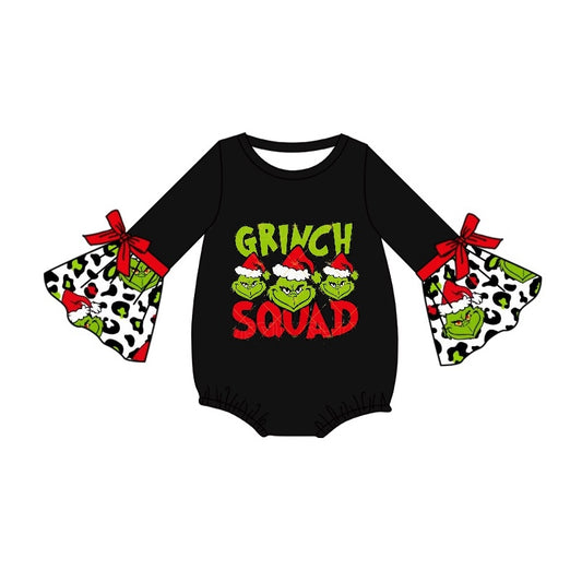 preorder LR1894 Christmas green face black leopard long sleeve girls romper