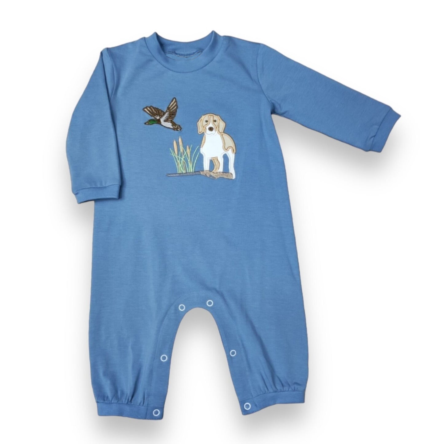 preorder LR1896 hunting mallard duck dog blue long sleeve boys romper