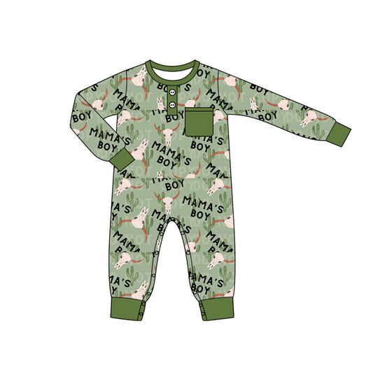 preorder LR1897 mama's boy green cactus cow pocket long sleeve boys romper