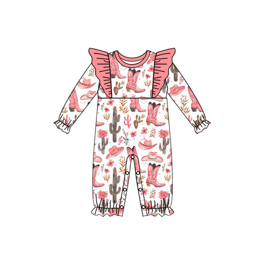 preorder LR1900 Western cactus boot hat flowers watermelon red long sleeve girls romper