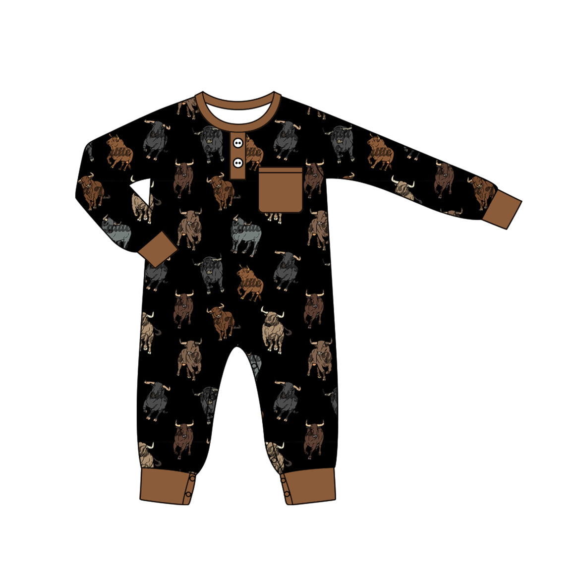 preorder LR1902 farm cow black brown pocket long sleeve boys romper