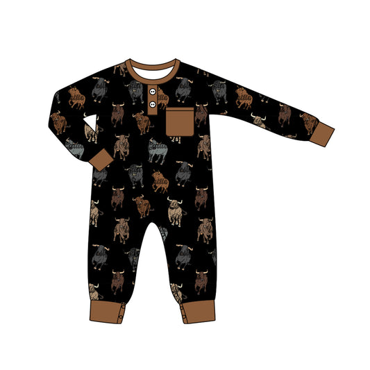 preorder LR1902 farm cow black brown pocket long sleeve boys romper