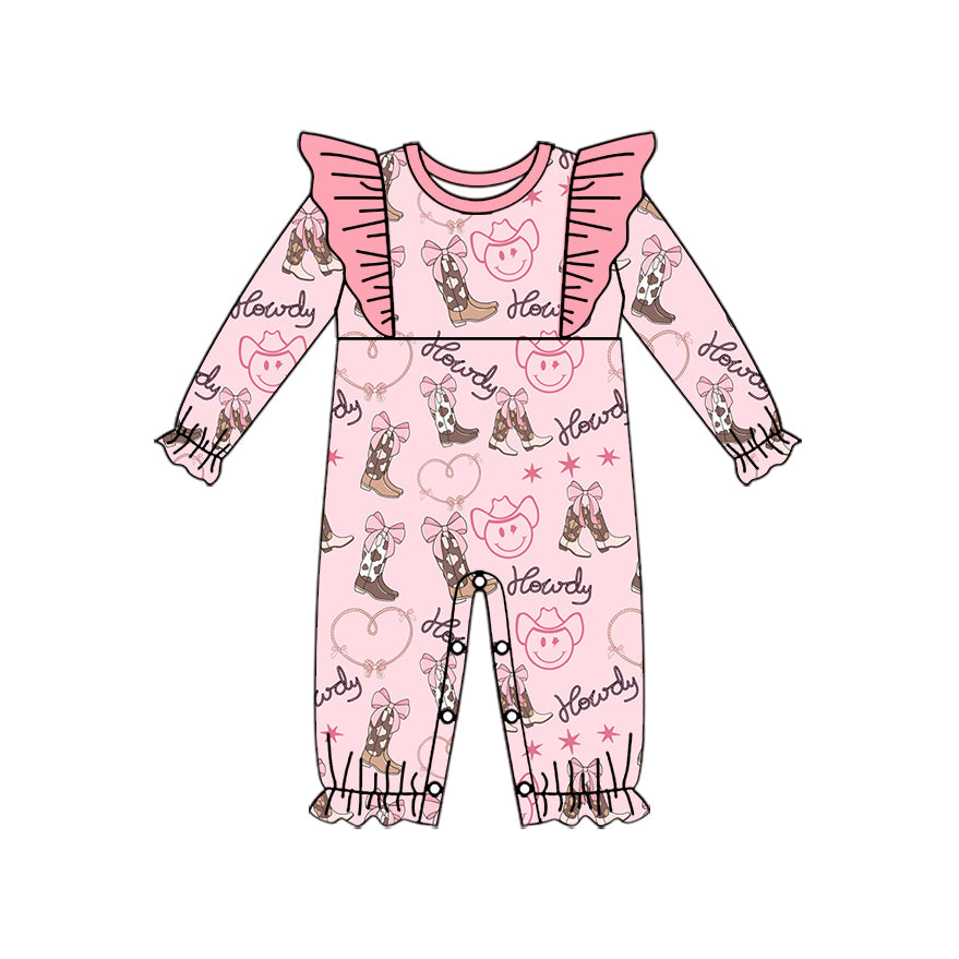 preorder LR1904 Western smile boot bows pink long sleeve girls romper