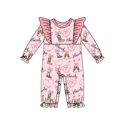 preorder LR1904 Western smile boot bows pink long sleeve girls romper