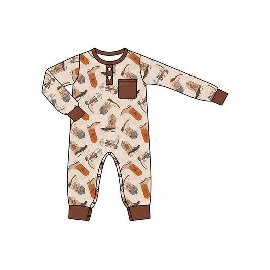 preorder LR1912 Western boot brown pocket long sleeve boys romper