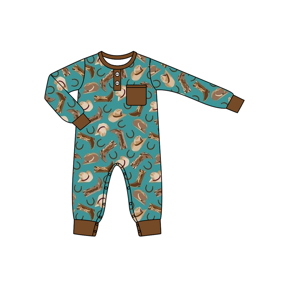 preorder LR1913 Western boot hat blue pocket long sleeve boys romper