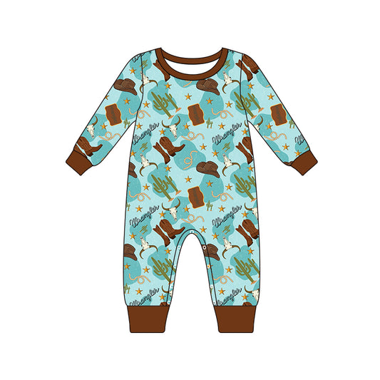 preorder LR1914 Western cow cactus boot hat blue long sleeve boys romper