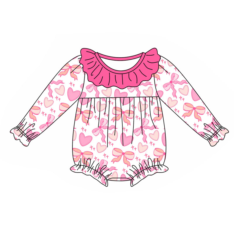 preorder LR1915 pink heart bows long sleeve girls romper baby romper