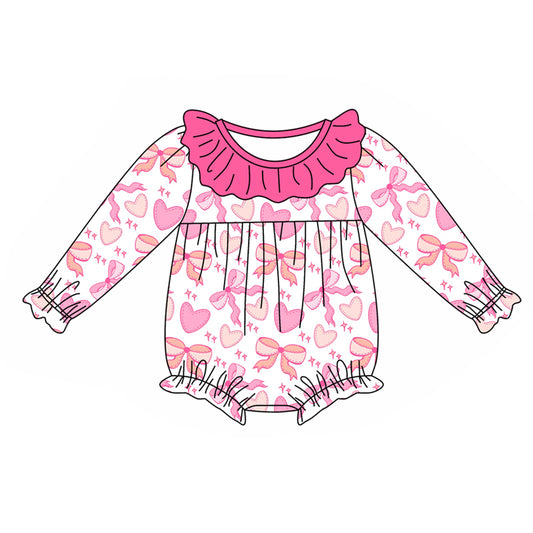 preorder LR1915 pink heart bows long sleeve girls romper baby romper