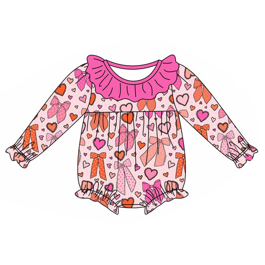 preorder LR1915 colorful heart bows long sleeve girls hot pink romper baby romper