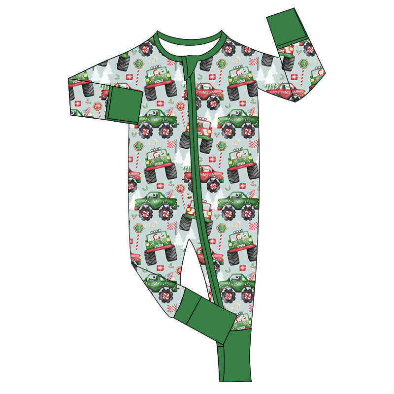 preorder LR1923 Christmas Santa green car long sleeve zipper boys romper