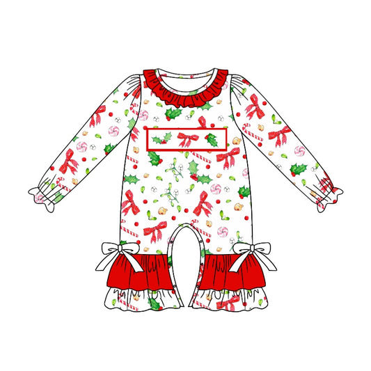 preorder LR1931 Christmas bows holly berry red long sleeve girls romper