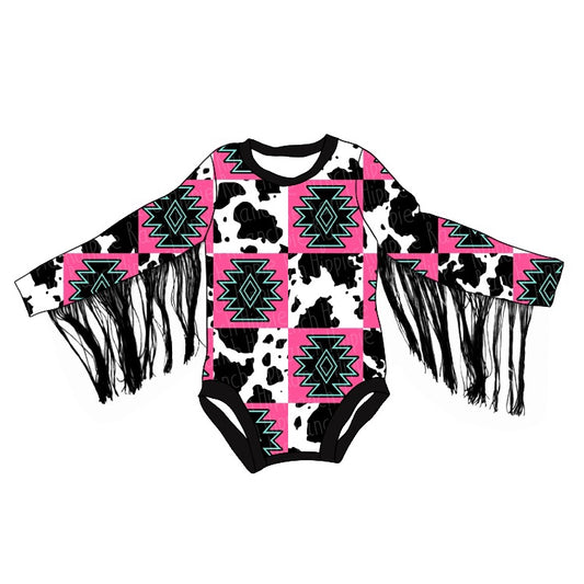 preorder LR1936 Western Aztec hot pink checkered cow print long sleeve tassels girls romper