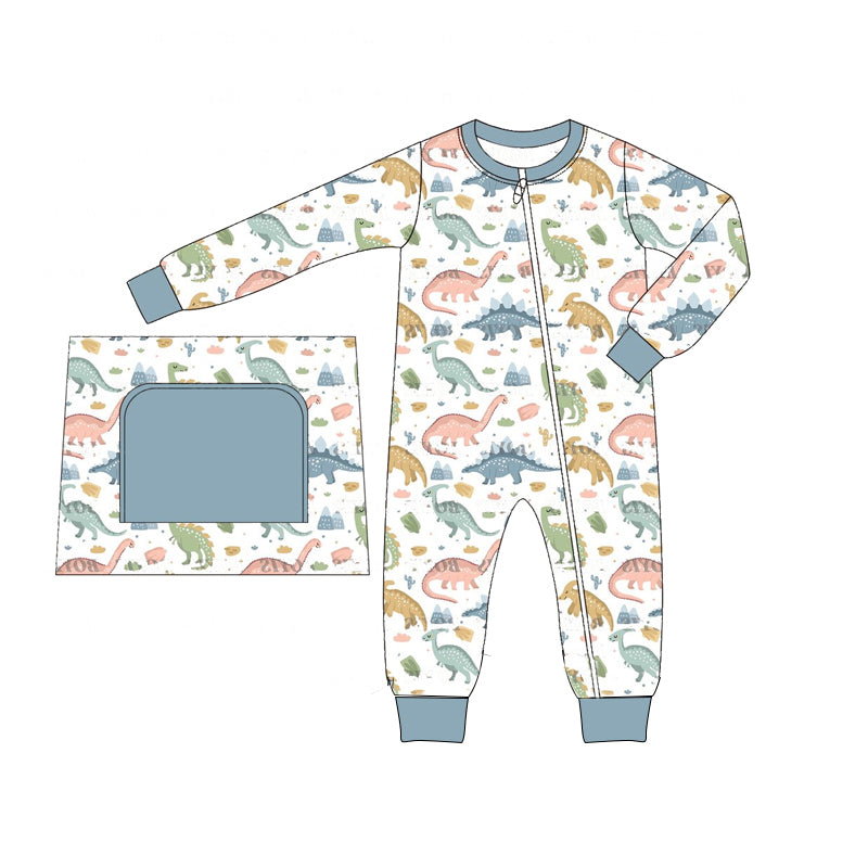 preorder LR1938 colorful cartoon cute dinosaur blue long sleeve zipper boys romper