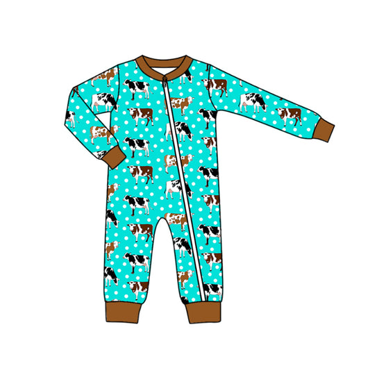 preorder LR1943 farm cow green dot long sleeve zipper boys romper