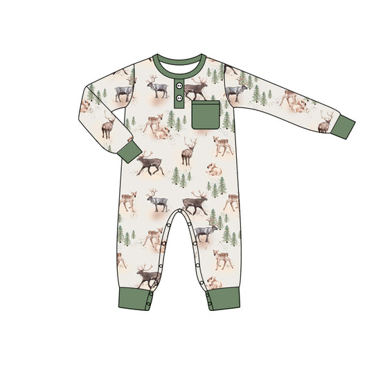 preorder LR1945 cute deer tree green pocket long sleeve boys romper