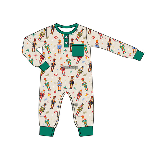 preorder LR1946 Christmas cartoon soldier pocket dark green long sleeve boys romper