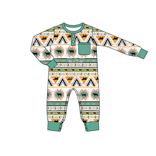 preorder LR1953 Western Aztec horse pocket green long sleeve boys romper