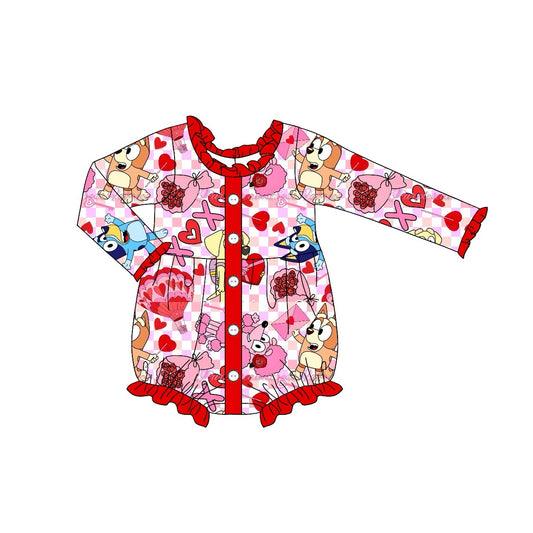 preorder LR1955 Valentine Day cartoon blue dog red heart long sleeve girls romper