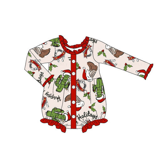 preorder LR1956 Western Christmas boot cactus red long sleeve girls romper