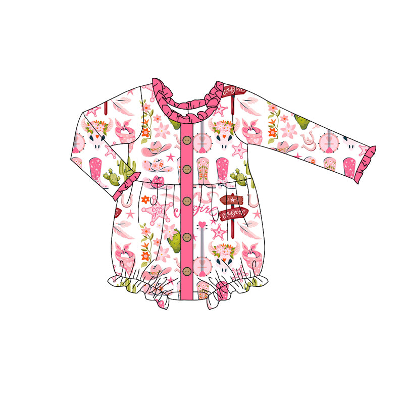 preorder LR1958 Western cowgirl cactus boot hot pink long sleeve girls romper