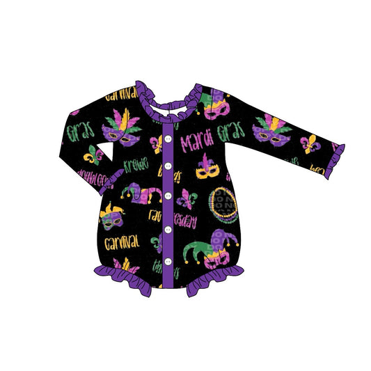 preorder LR1959 Mardi Gras mask purple black long sleeve girls romper