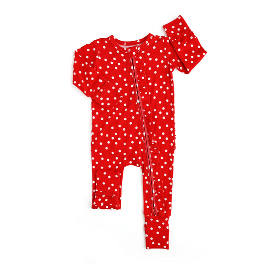 preorder LR1960 Christmas red dot long sleeve zipper girls romper