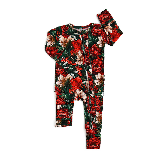 preorder LR1961 Christmas red flowers long sleeve zipper girls romper