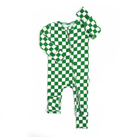 preorder LR1965 Christmas green checkered long sleeve zipper girls romper