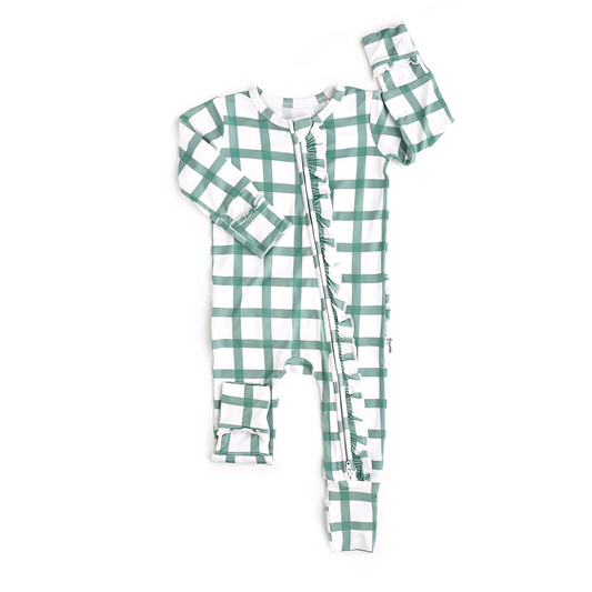 preorder LR1967 Christmas green checkered long sleeve zipper girls romper