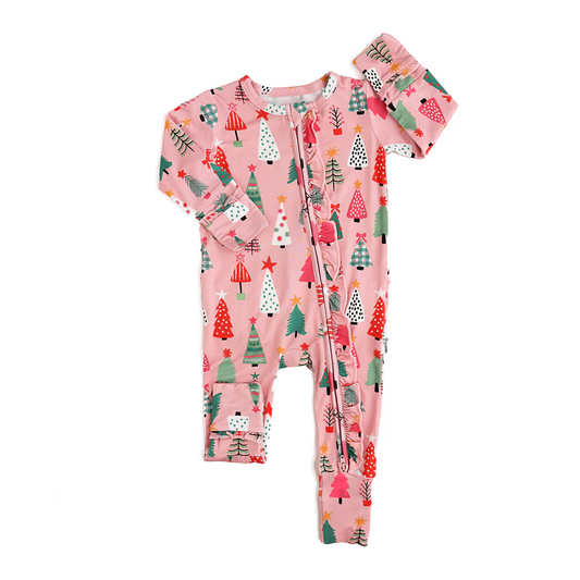 preorder LR1968 Christmas cute tree pink long sleeve zipper girls romper