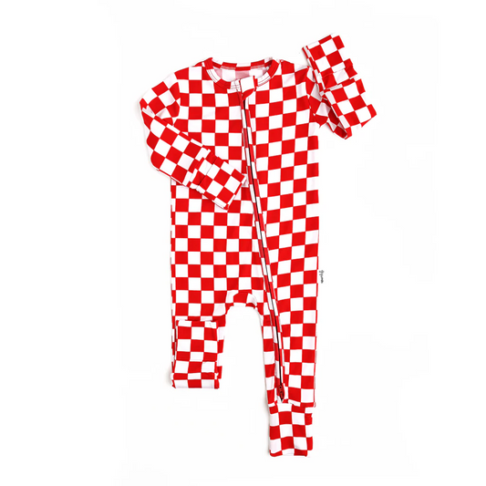 preorder LR1969 Christmas red checkered long sleeve zipper girls romper