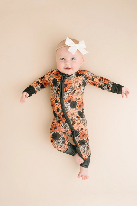 preorder LR1973 colorful flowers orange black long sleeve zipper girls romper