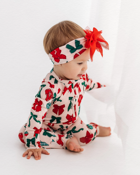 preorder LR1974 Christmas green red bows long sleeve zipper girls romper