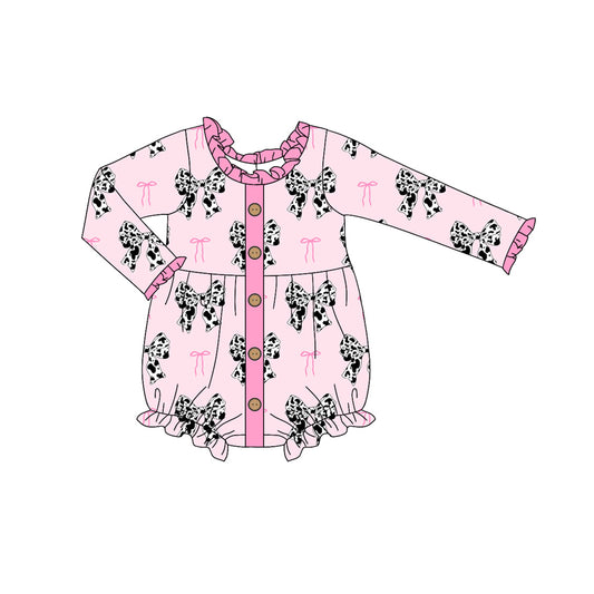 preorder LR1975 cow print bows pink long sleeve girls romper