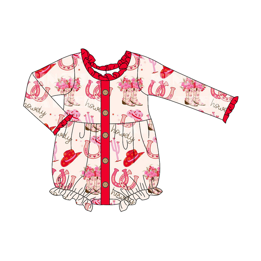 preorder LR1979 Western howdy cactus boot red long sleeve girls romper