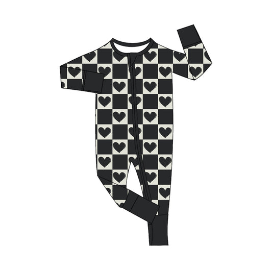 preorder LR1982 heart black checkered zipper long sleeve boys romper