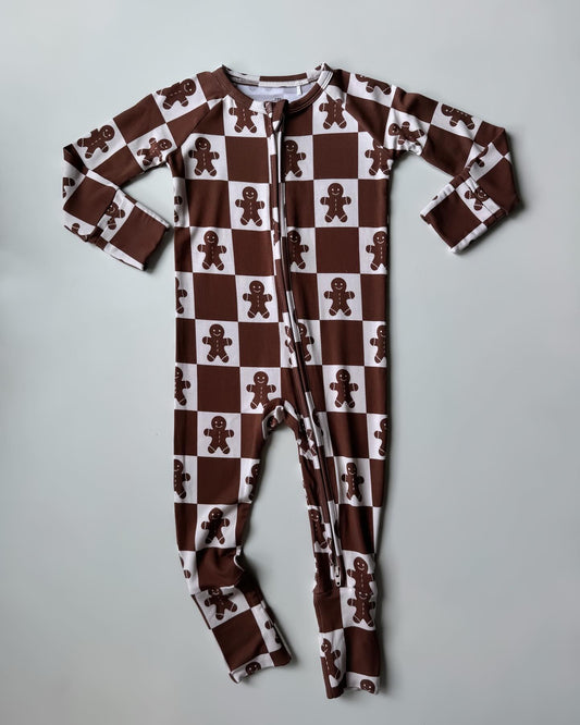 preorder LR1984 Christmas gingerbread man brown checkered long sleeve zipper boys romper