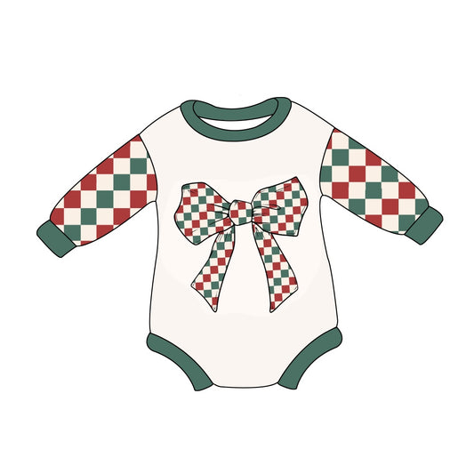 preorder LR1987 Christmas green red checkered bow long sleeve girls romper