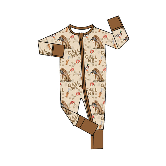 preorder LR1991 call me duck call mallard dog brown long sleeve zipper boys romper