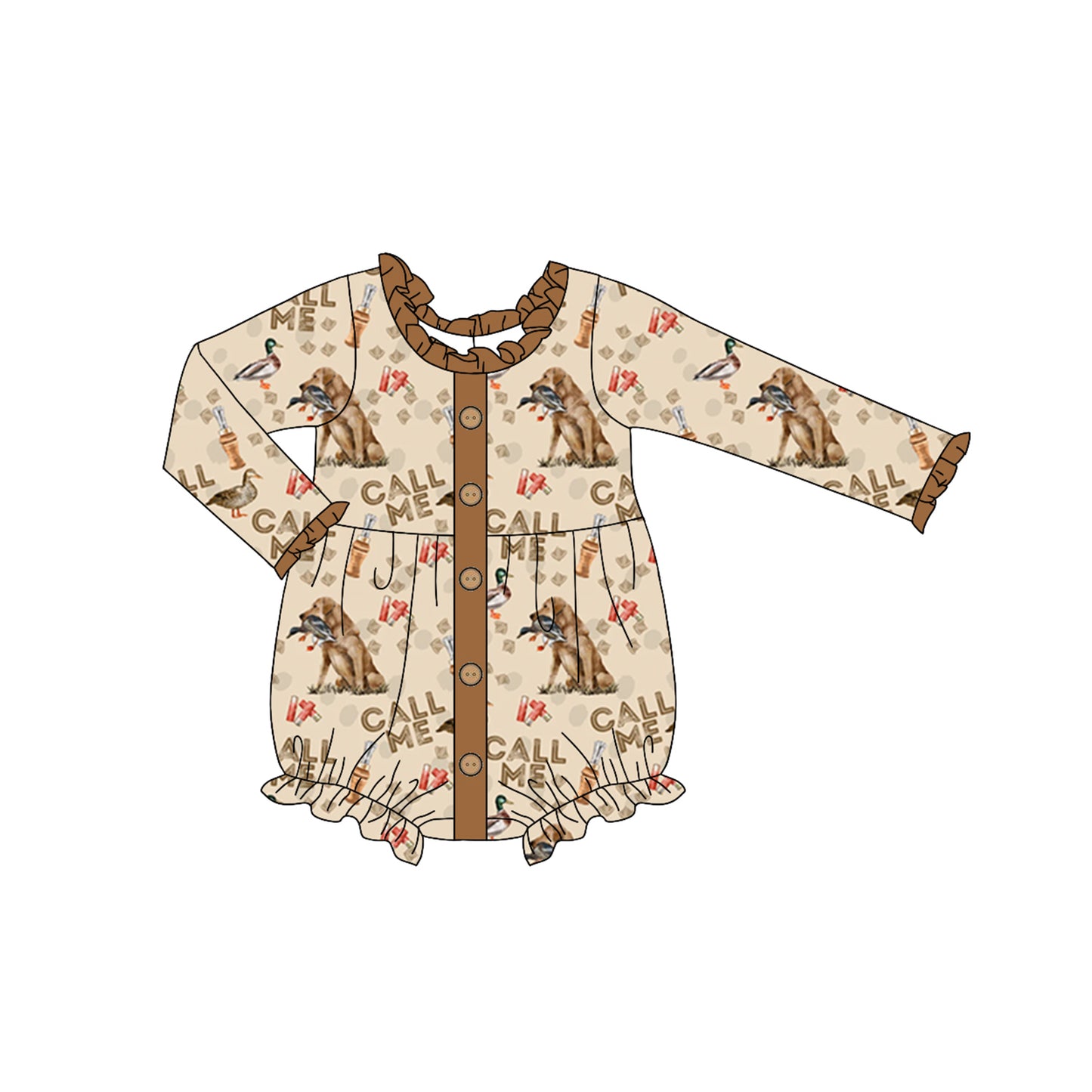 preorder LR1992 call me duck call mallard duck dog brown long sleeve girls romper