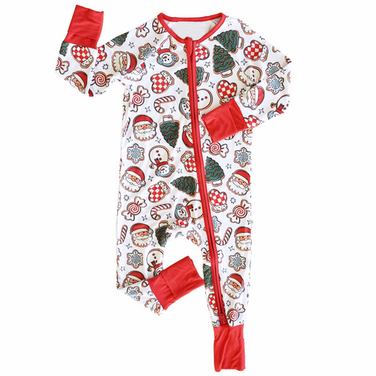 preorder LR1994 Christmas Santa cane candy tree red long sleeve zipper boys romper