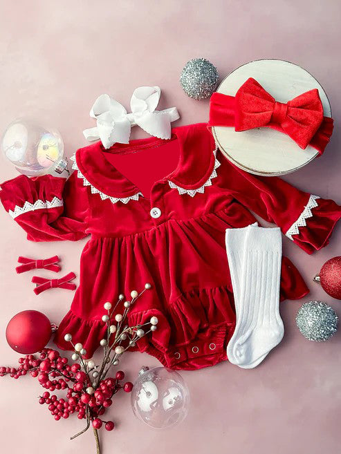 preorder LR1996 Christmas style red long sleeve girls romper