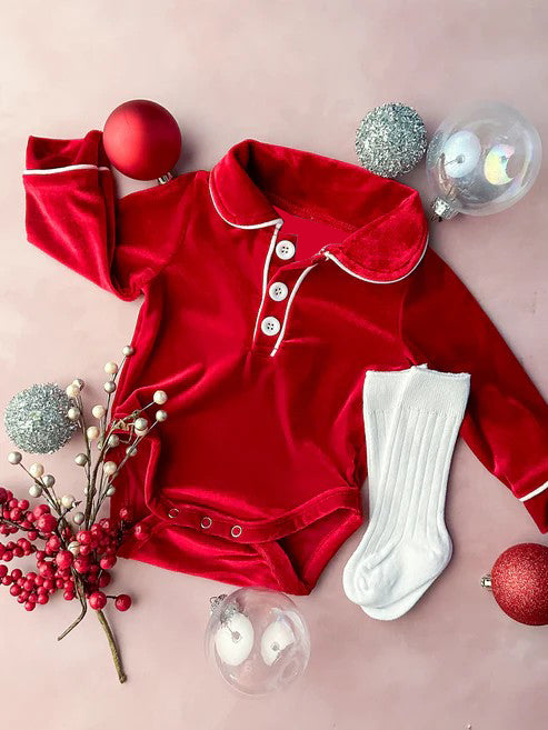 preorder LR1997 Christmas style red long sleeve boys romper