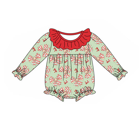 preorder LR2004 Christmas its the season bows green checkered long sleeve girls romper