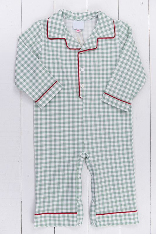 preorder LR2007 Christmas green checkered long sleeve boys romper