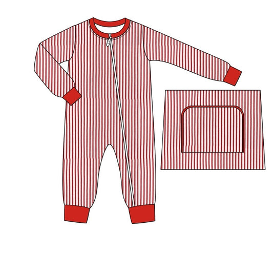 preorder LR2008 Christmas red striped long sleeve zipper boys romper